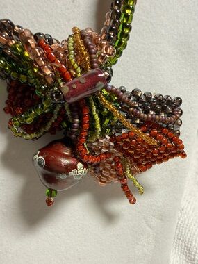Handcrafted Multistrand Seed Bead Necklace in Red, Green & Gold Tones